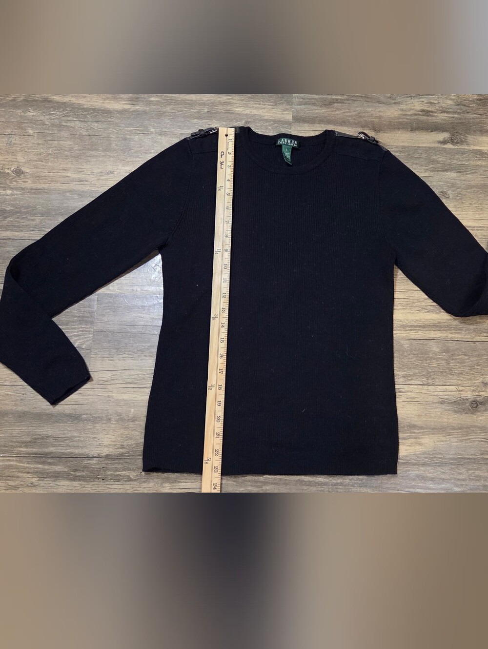 Lauren Ralph Lauren Ribbed Knit Crewneck Sweater Black L Buckle Shoulder